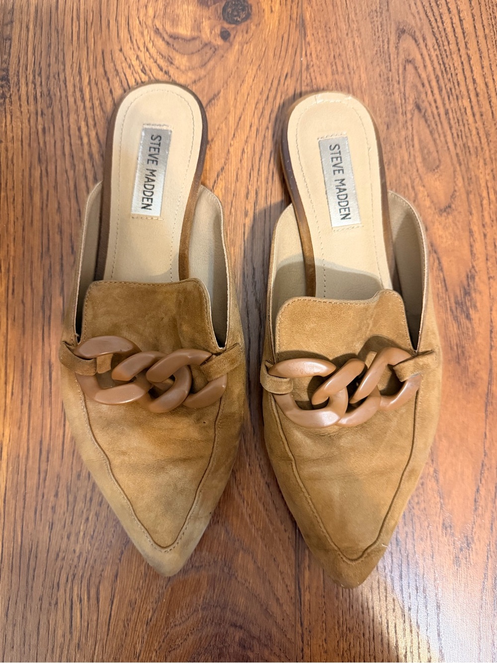 Steve Madden Tan Suede Chain-Embellished Slip-On Mules